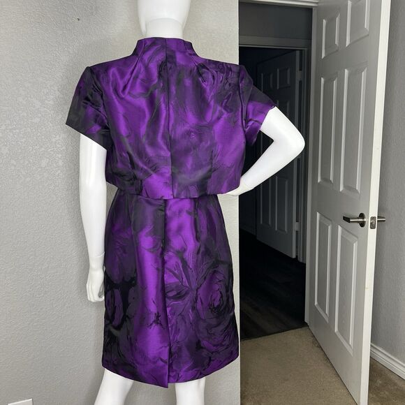 Theia Size 8 Purple Abstract Floral Brocade Pencil Sheath Dress And Shrug Jacket - Picture 4 of 10